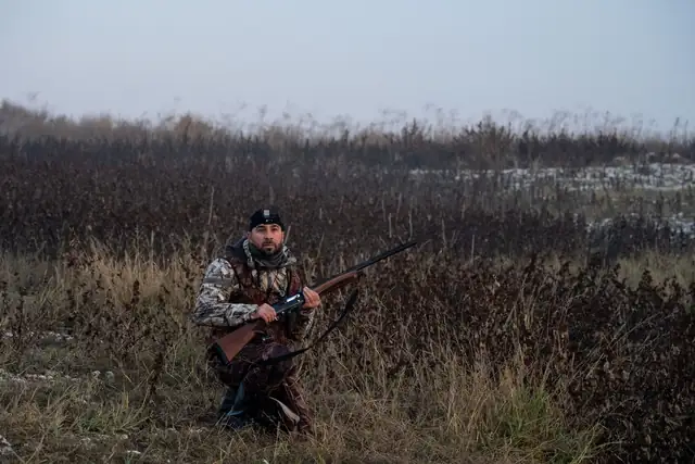 Hunter in camouflage kneeling in dry marsh grass