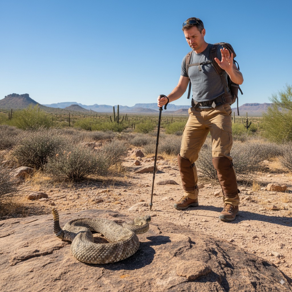 hiker demonstrating safe "freeze and retreat" posture from a coiled rattlesnake on a rocky trail: