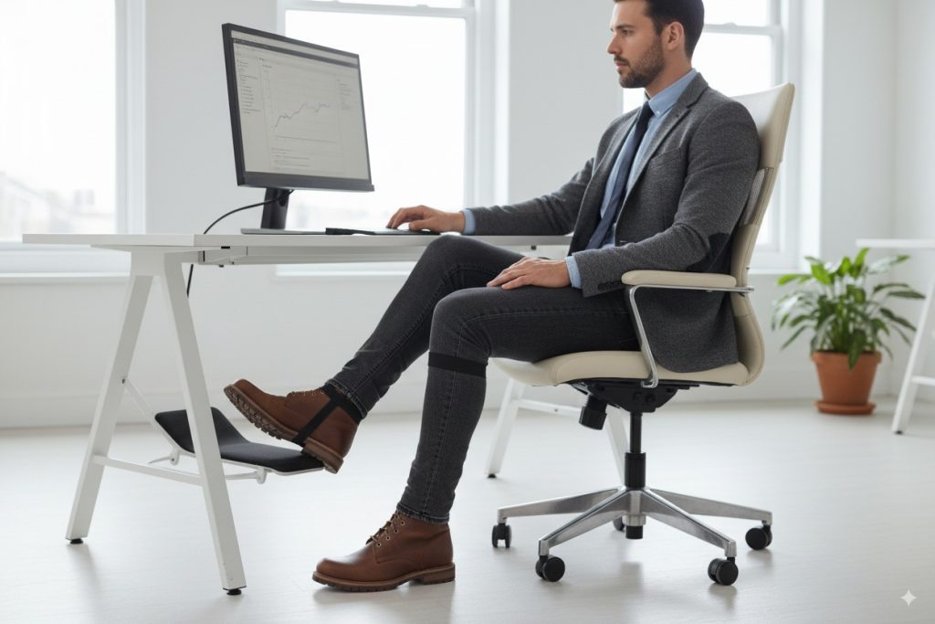 "Business casual person in office environment wearing skinny jeans with dress boots and boot straps, sitting at desk, natural office lighting, professional appearance"