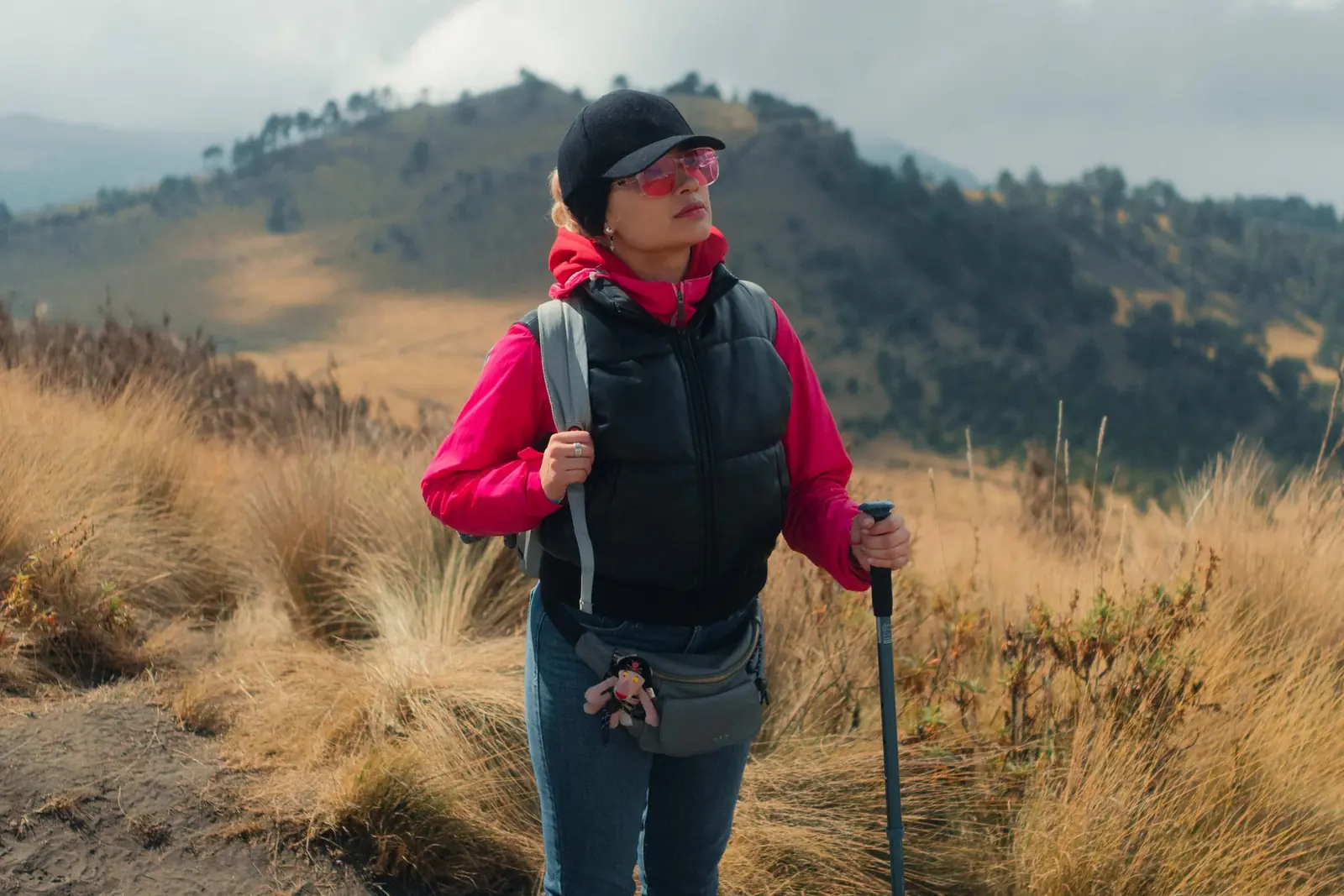 Hiker with a trekking pole on a grassy mountain trail