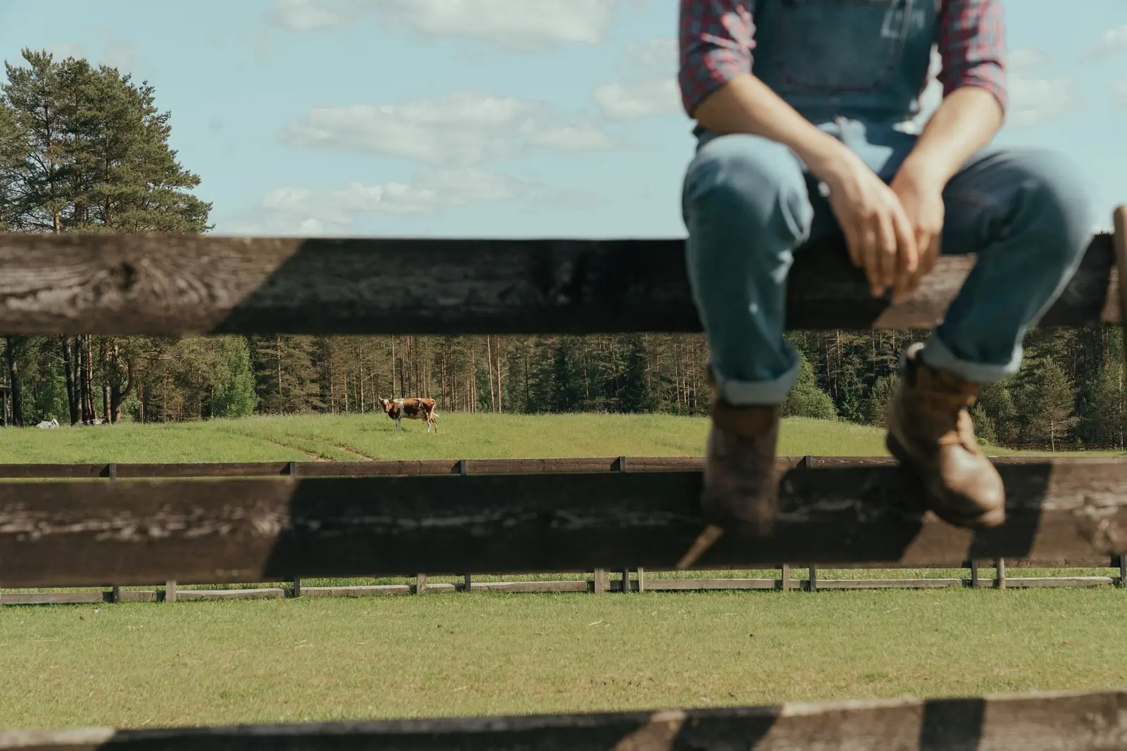 Man in work boots sitting on a wooden ranch fence above a pasture